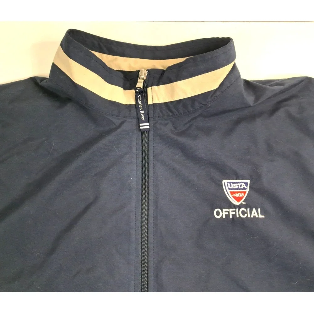 Vtg Charles River Apparel USTA Full Zip Jacket Navy Blue Pockets Rip Cord - Picture 2 of 11